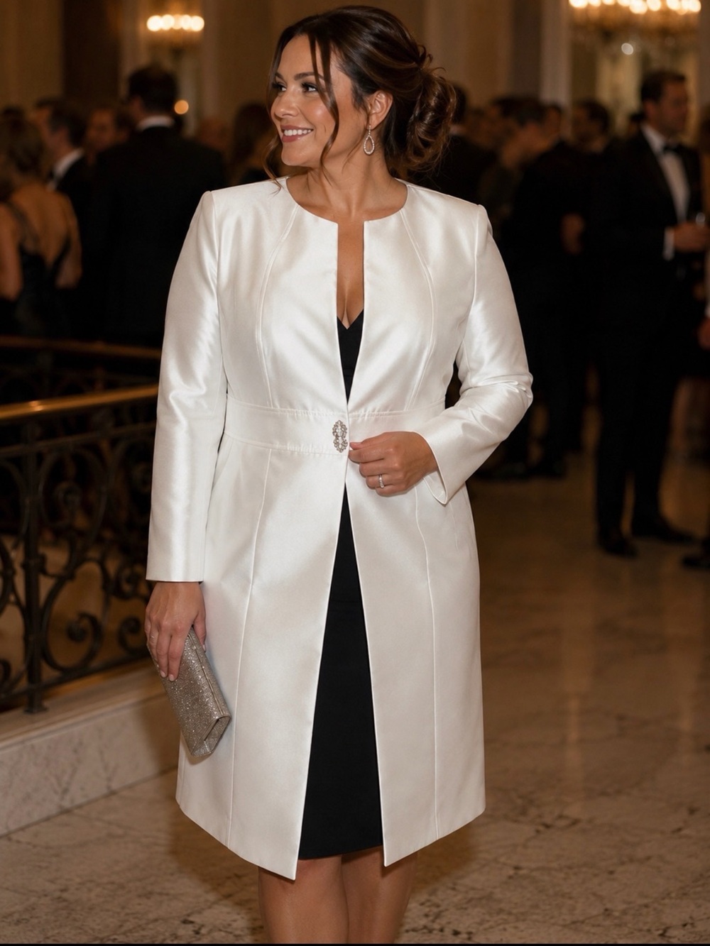Women's Satin Ivory Long Coat with Single Jewel Closure